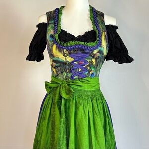 Rare Tramontana Dirndl Set Peacock w/ black blouse & apron (US 2-4) Oktoberfest